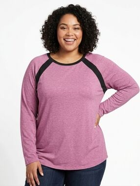 Heather Pink Plus Size Lightweight Long Sleeve Pullover with Charcoal Trim